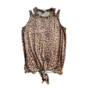 Bibi Leopard Print Sleeveless Top Shoulder Cut Out Front Tie Knot Tank Brown s‎